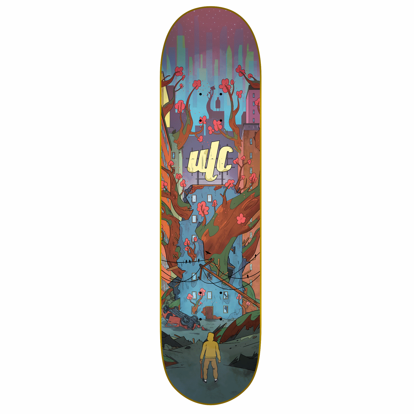 Skateboard deck with colorful artwork and a person walking through a stylized cityscape.