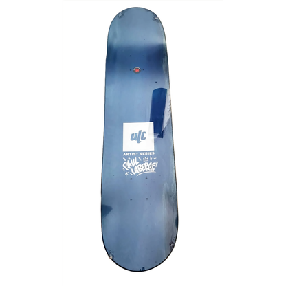 Blue skateboard deck with a logo on a white background
