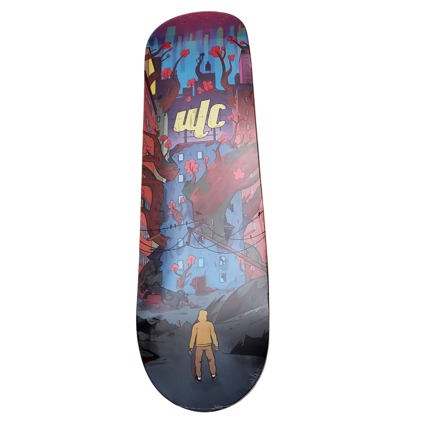 Skateboard deck with colorful artwork and a person walking through a stylized cityscape.