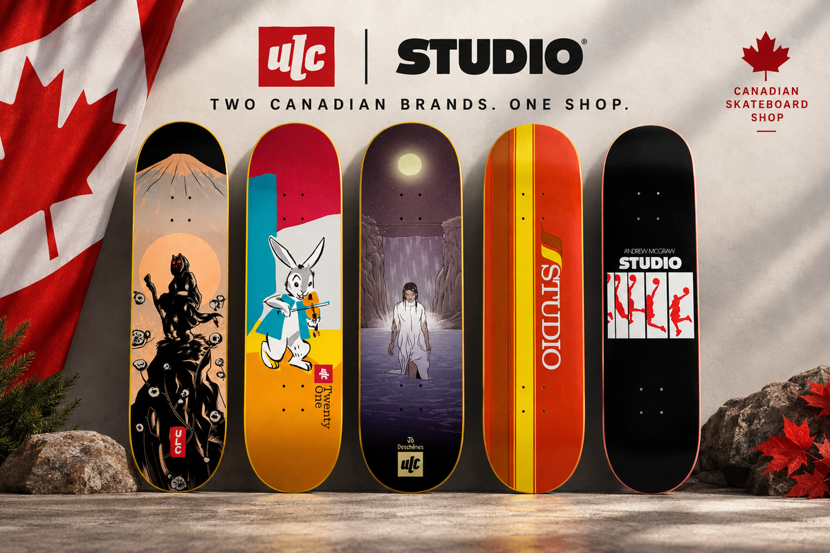 Canadian brands banner — ULC and Studio skateboards, Two Canadian Brands. One Shop.