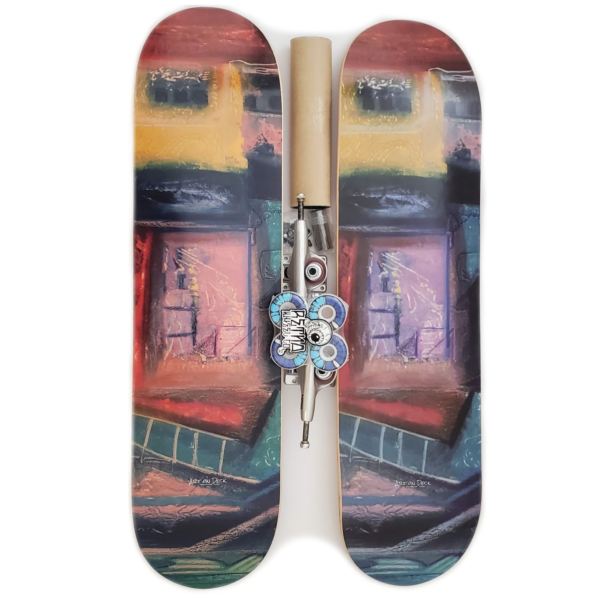 Art on Deck x Gloria Kagawa "Dwelling" complete custom skateboard:  (final version left, working proof right)