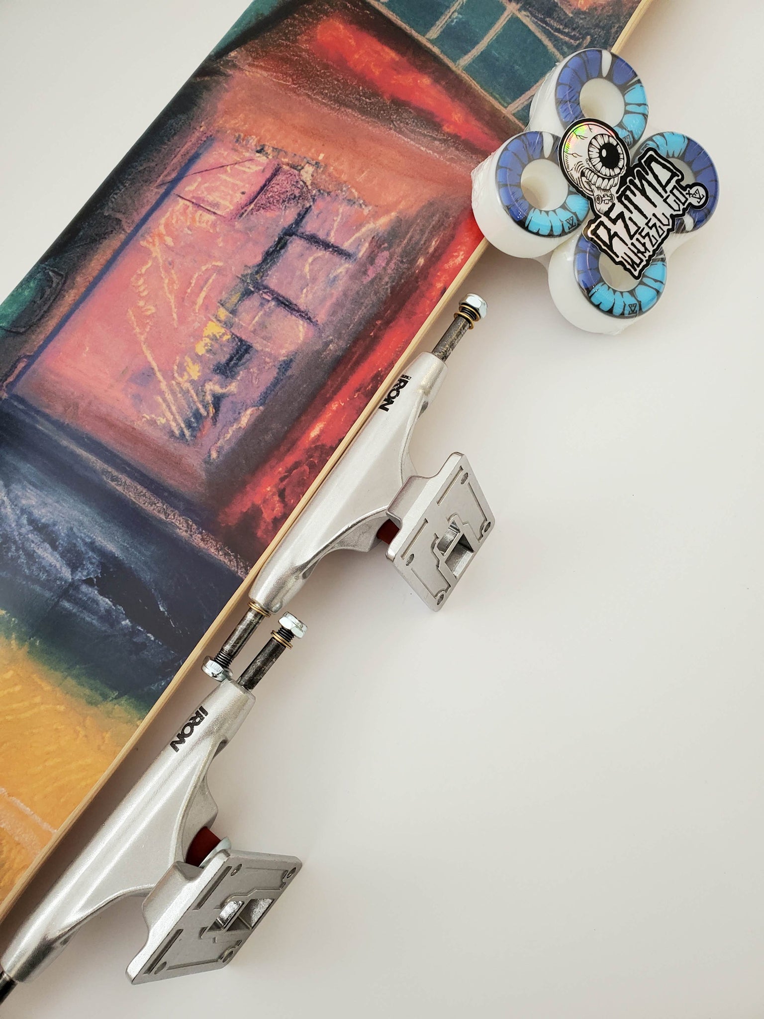 Art on Deck x Gloria Kagawa "Dwelling" complete custom skateboard:  Production Version with Iron Trucks and Retna Wheels